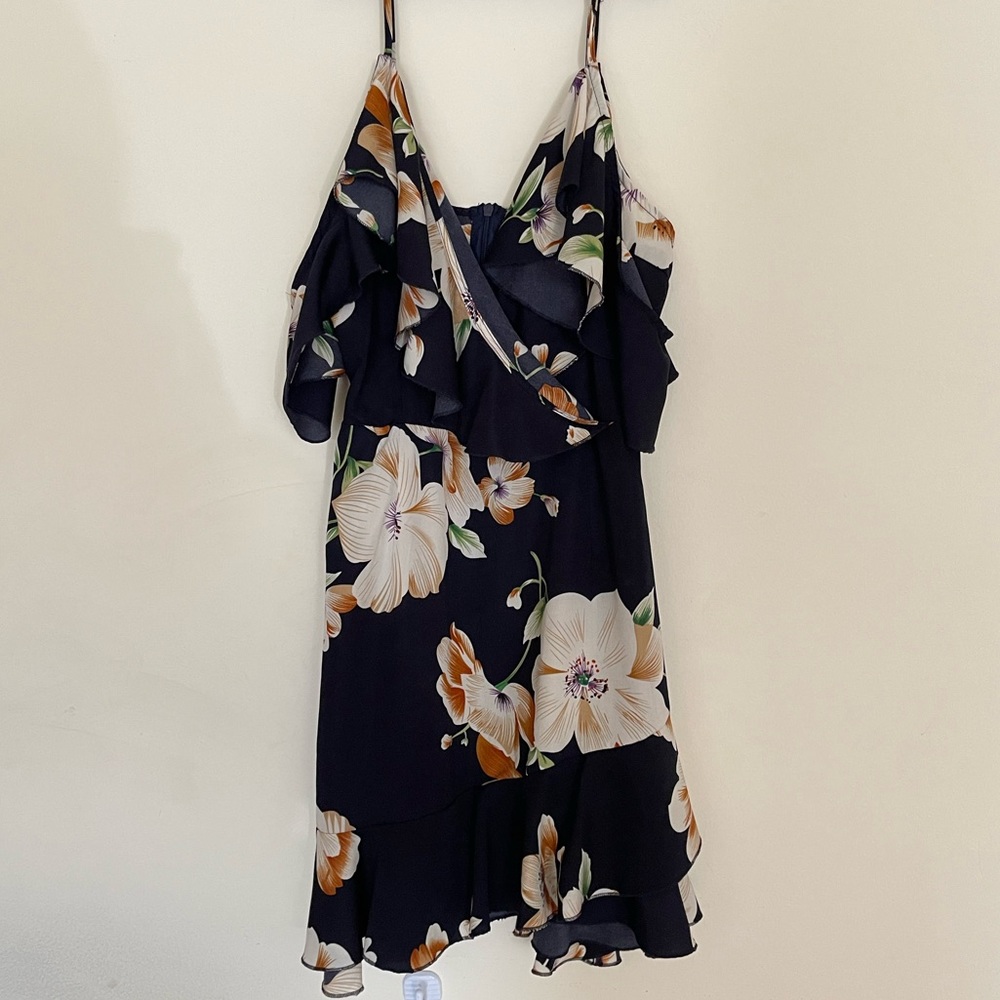 Blue floral, flutter sleeve faux wrap dress